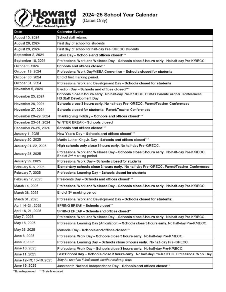 howard county schools calendar