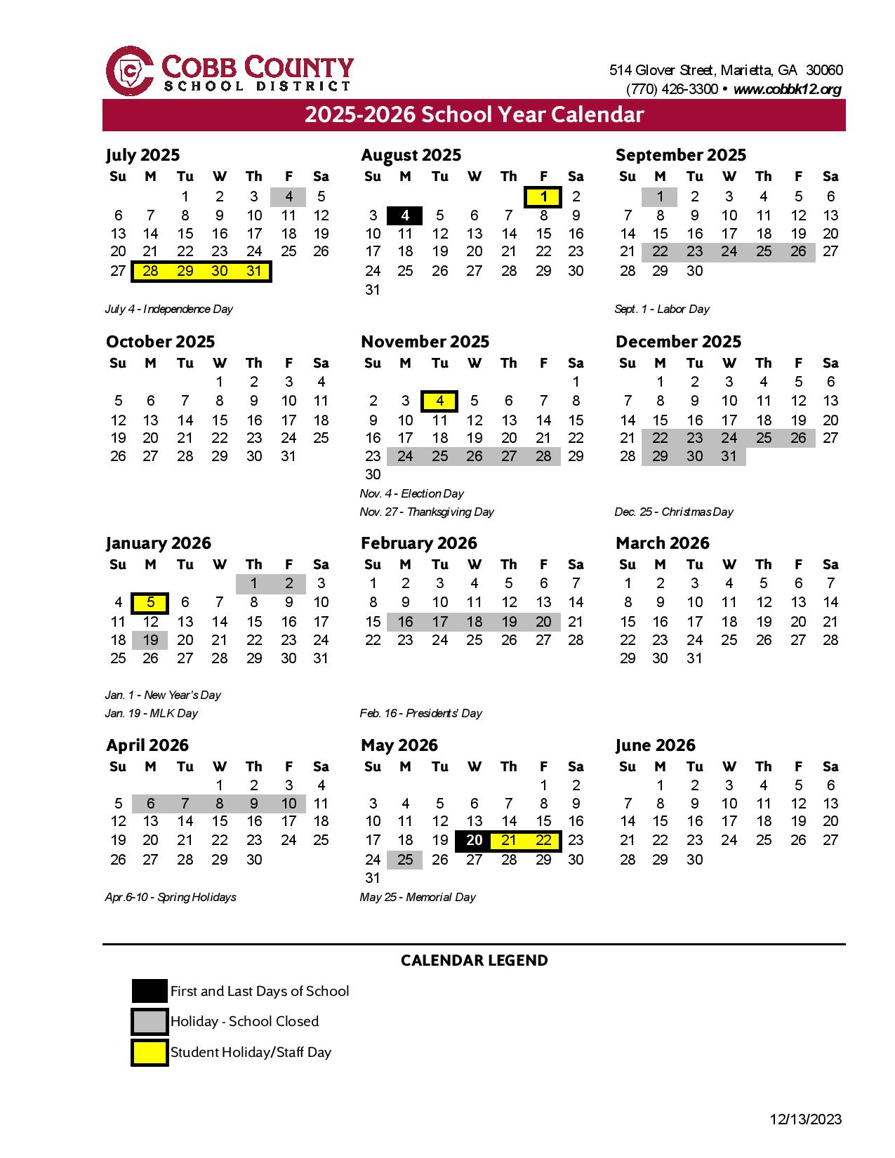 Cobb County Schools Calendar 2025 Academic Holidays
