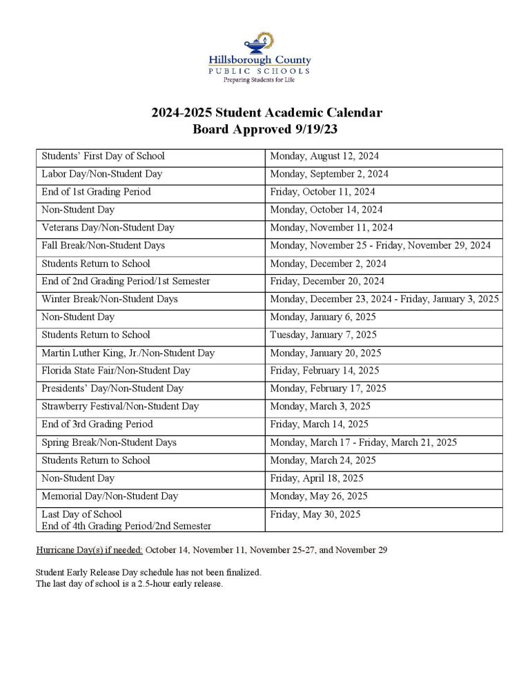 Hillsborough County Schools Calendar 2024-2025  Holidays