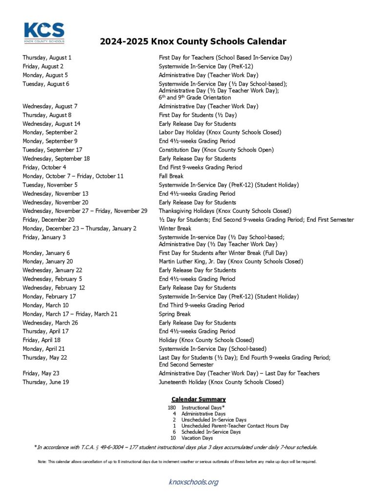 Knox County Schools Calendar 2024 and 2025  Holiday Dates