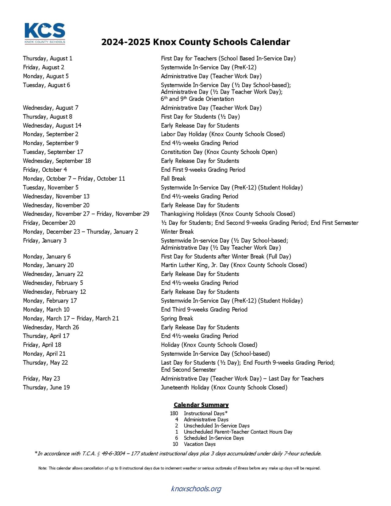 Knox County Schools Calendar 2024 and 2025  Holiday Dates