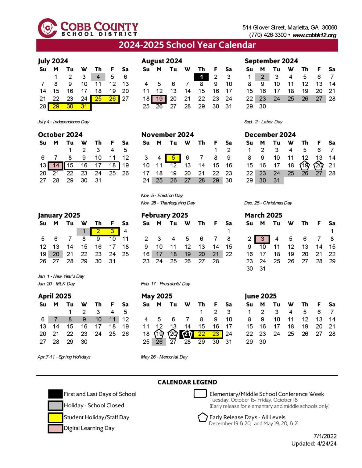 Cobb County Schools Calendar 20242025 Academic Holidays