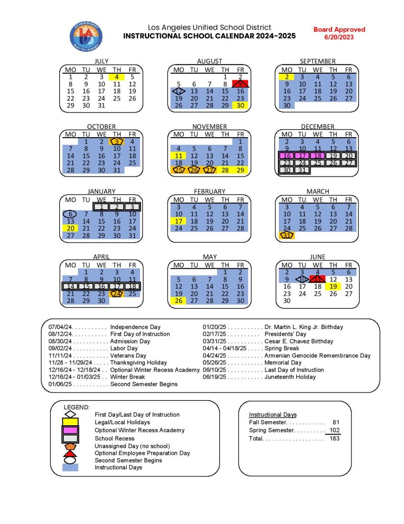 LAUSD school calendar