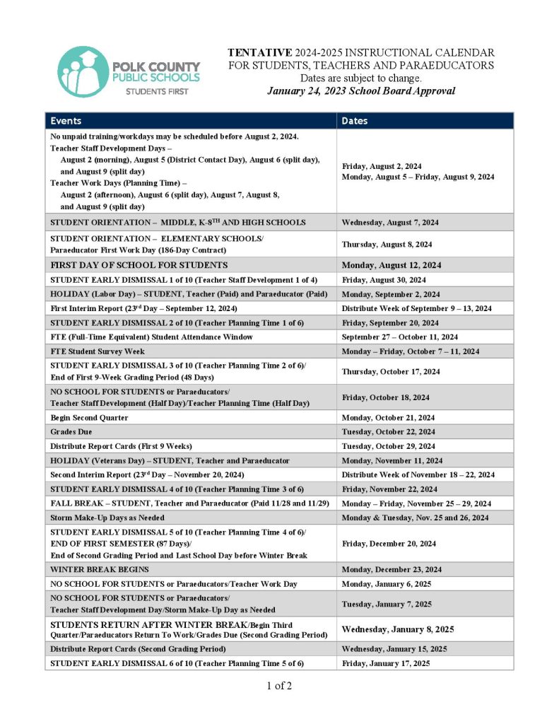 Polk County Schools Calendar