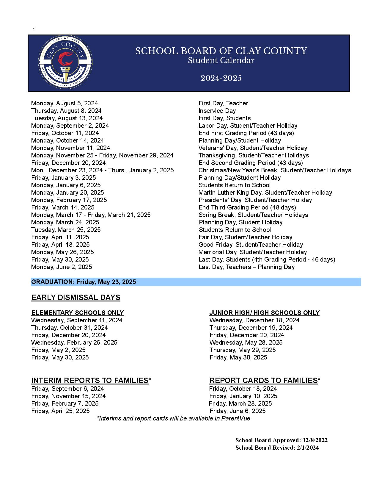 Clay County Schools Calendar 2025 Academic Holidays