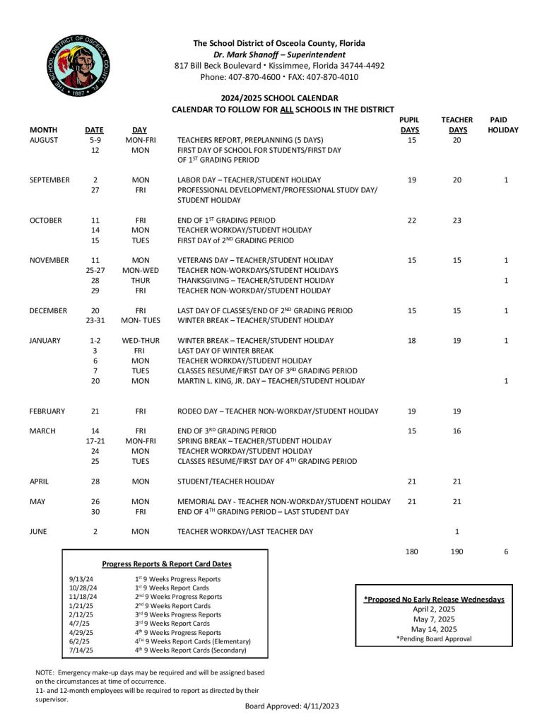 Osceola County Schools Calendar