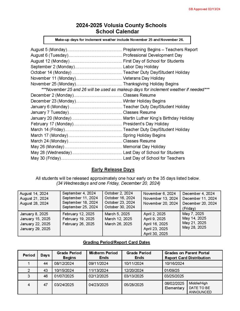 Volusia County Schools Calendar 20242025 Holiday Dates