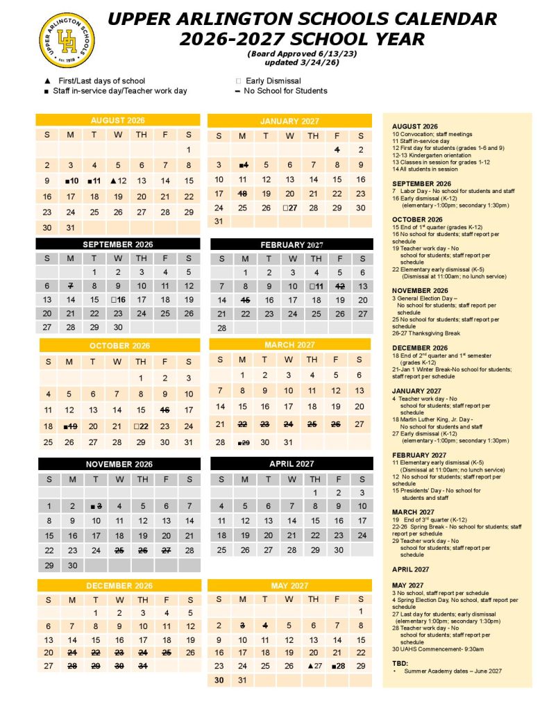 Upper Arlington Schools Calendar 2026-2027