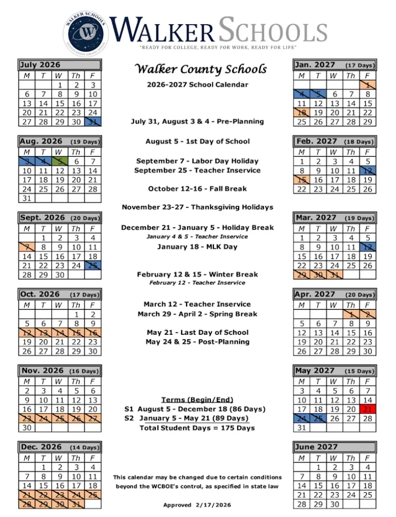 Walker County Schools Calendar 2026-2027