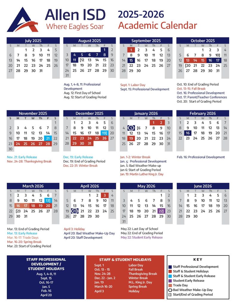 Allen Independent School District Calendar 2025-2026