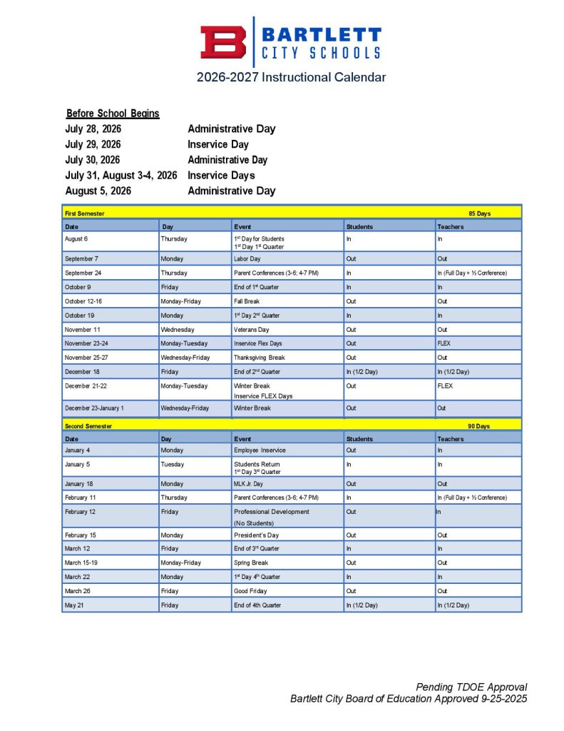 Bartlett City Schools Calendar 2026-2027