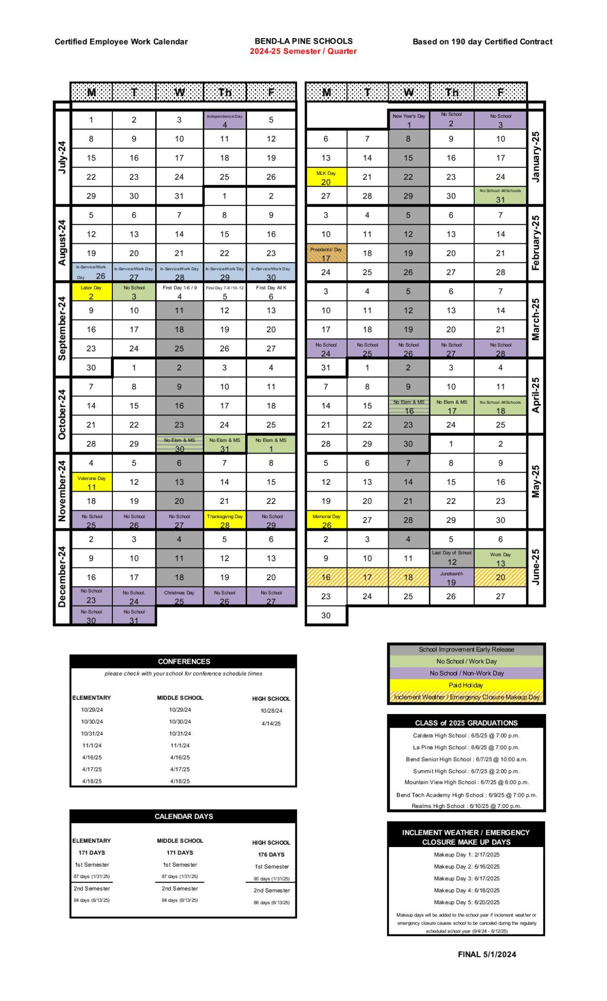 BendLa Pine School Calendar 2025 Holiday Breaks