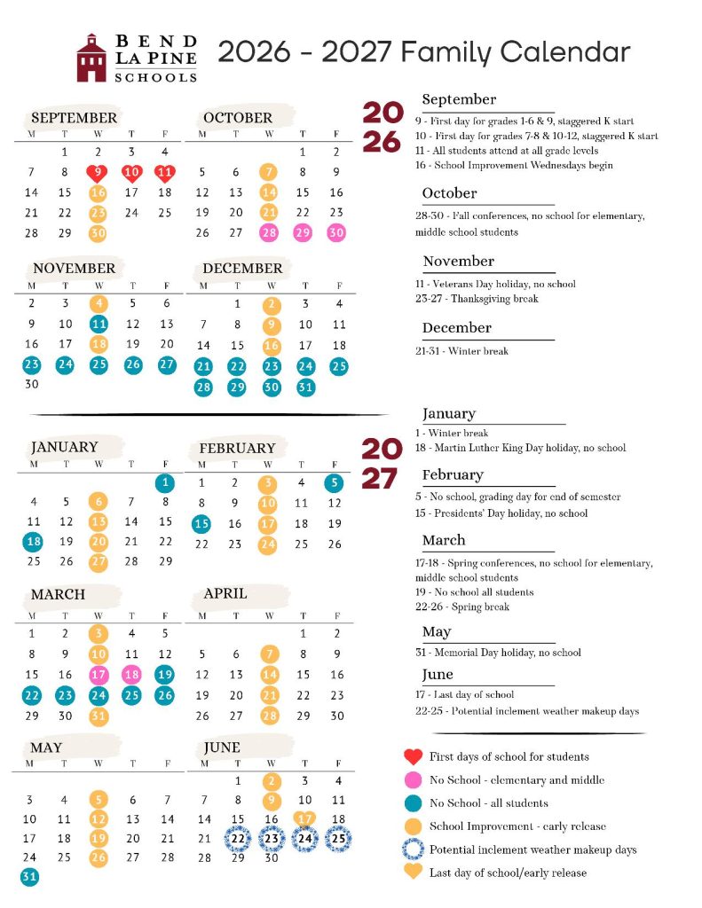 Bend-La Pine School Calendar 2026-2027