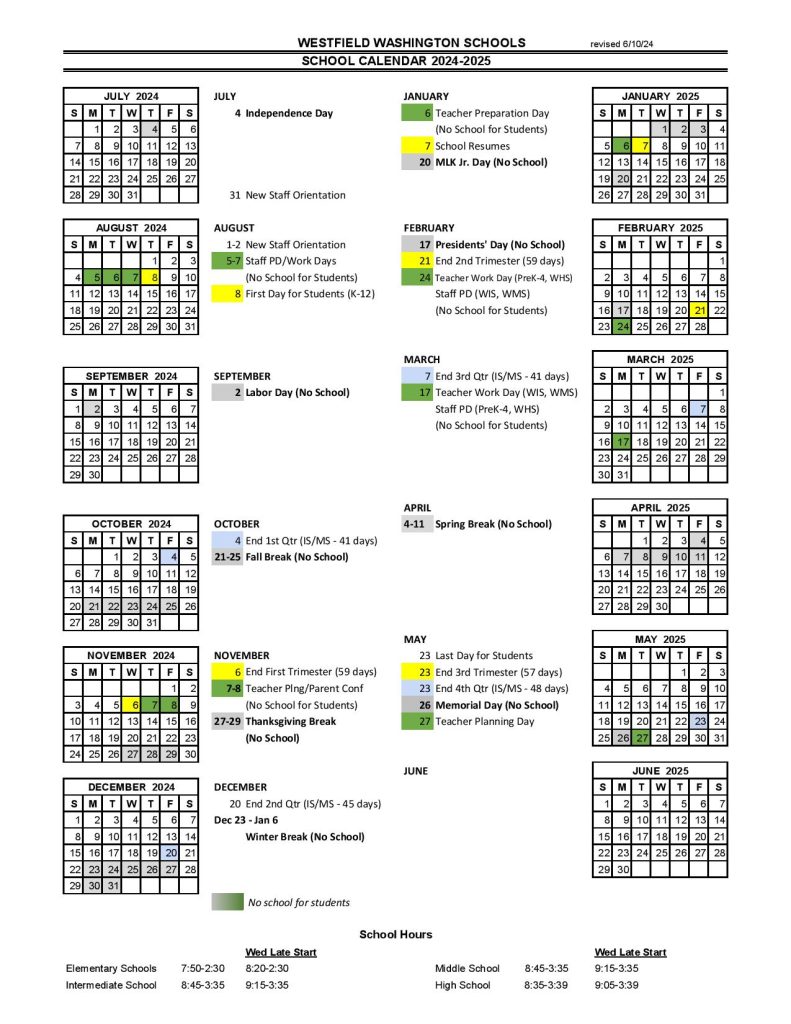 Westfield Washington Schools Calendar