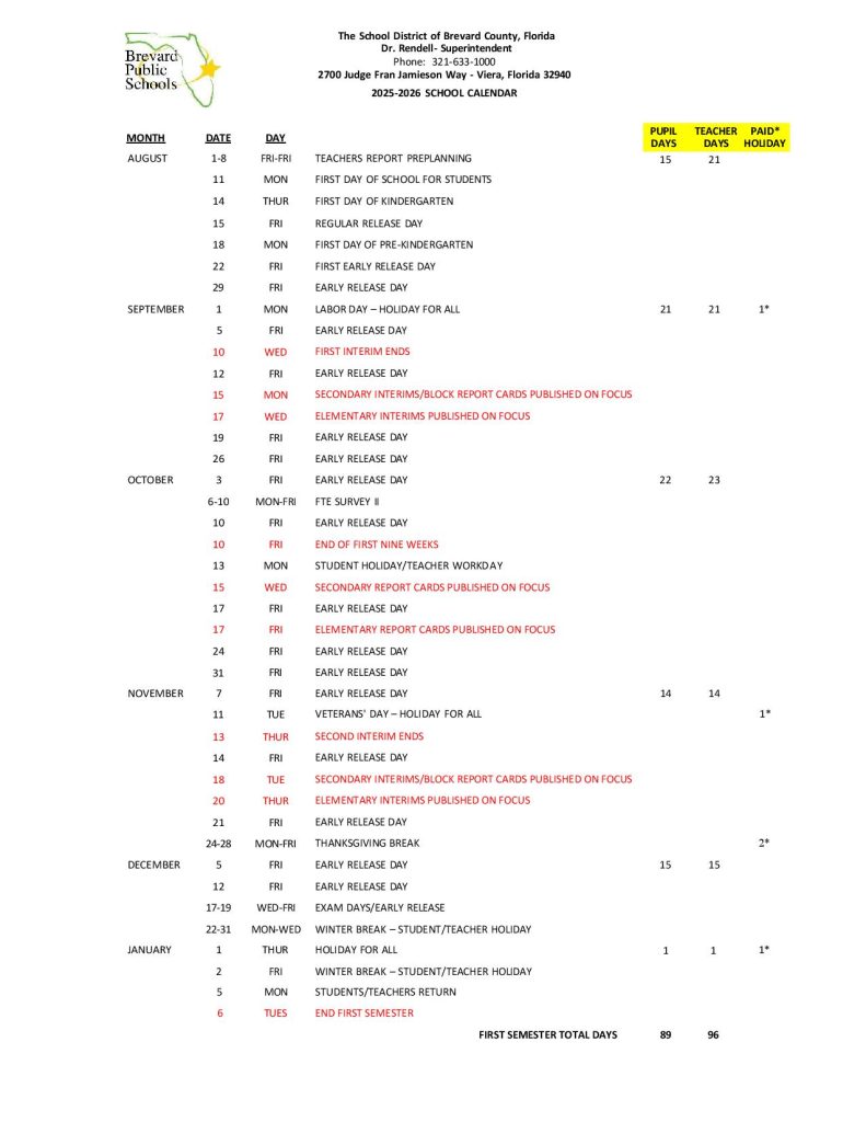 Brevard County Schools Calendar 2025-2026
