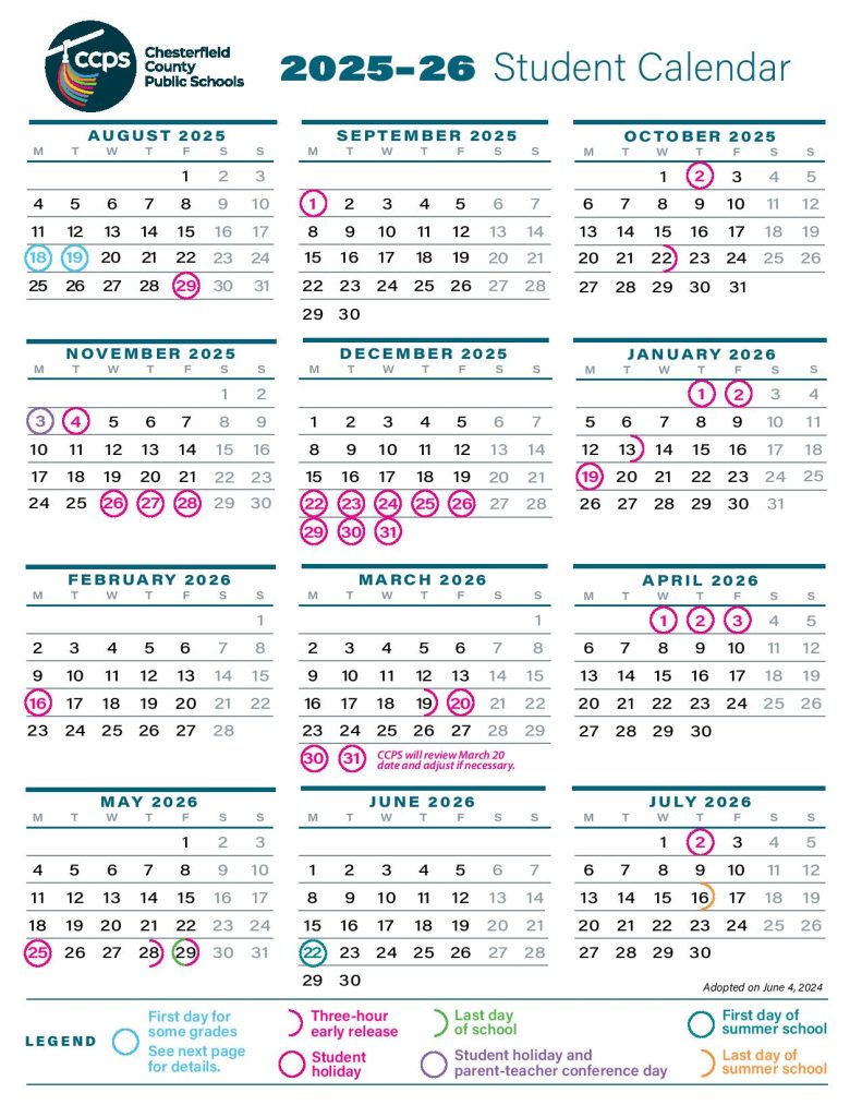 Chesterfield County Public Schools Calendar