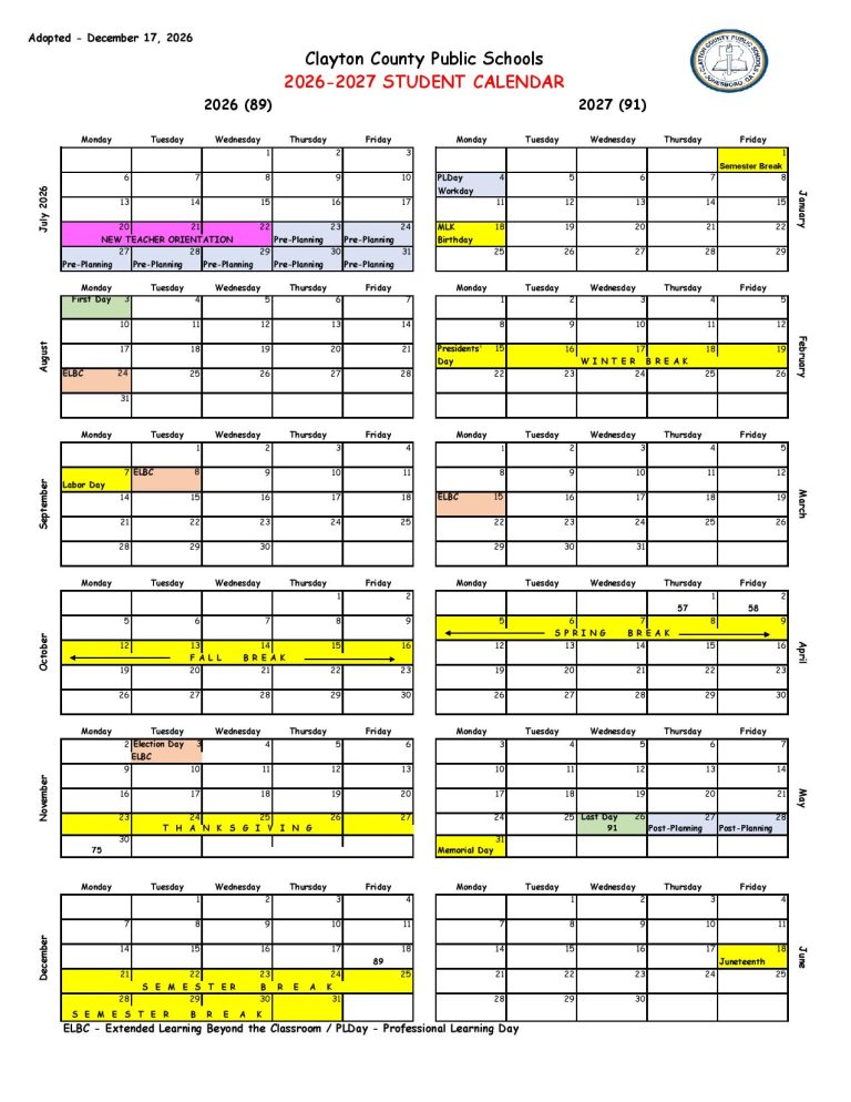 Curated visual reference: Visual Reference: Clayton County Public Schools Calendar 2026 2027