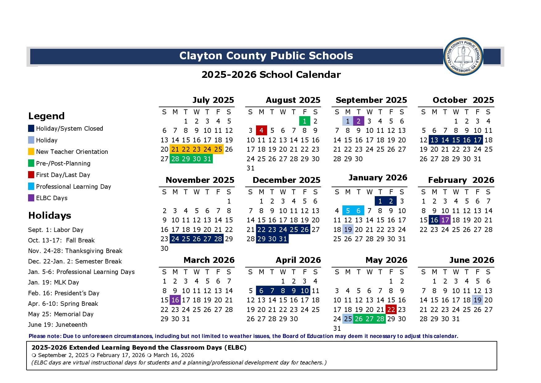 Clayton County Public Schools Calendar 20252026 Holidays