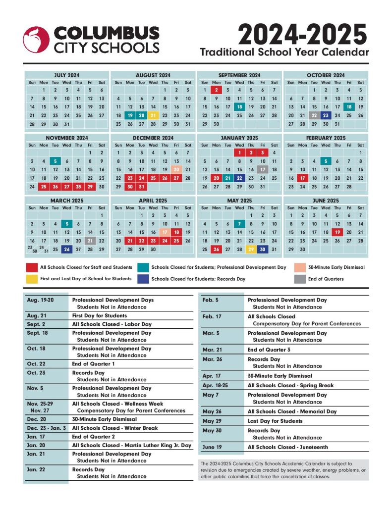 Columbus City Schools Calendar 2025