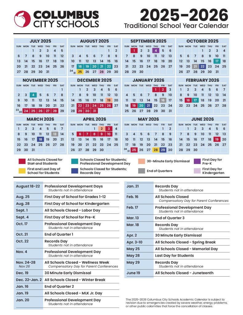 Columbus City Schools Calendar 2025-2026