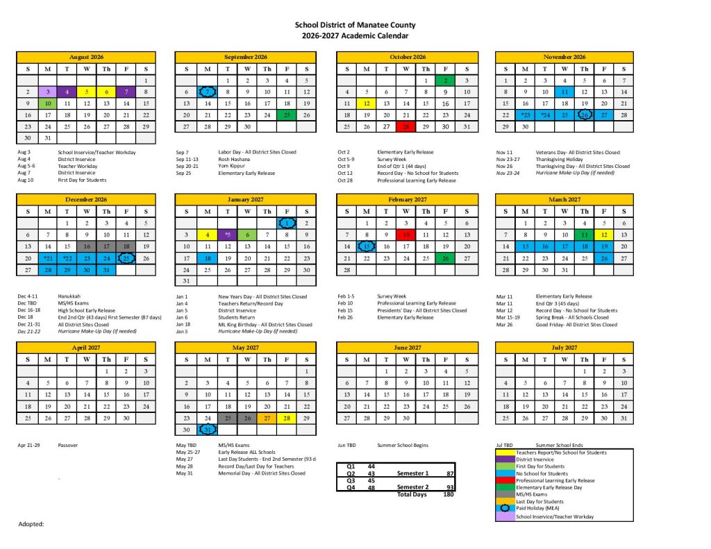 Manatee County Schools Calendar 2026-2027