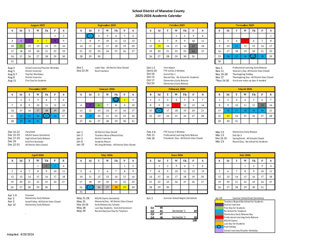 Manatee County Schools Calendar 2025-2026