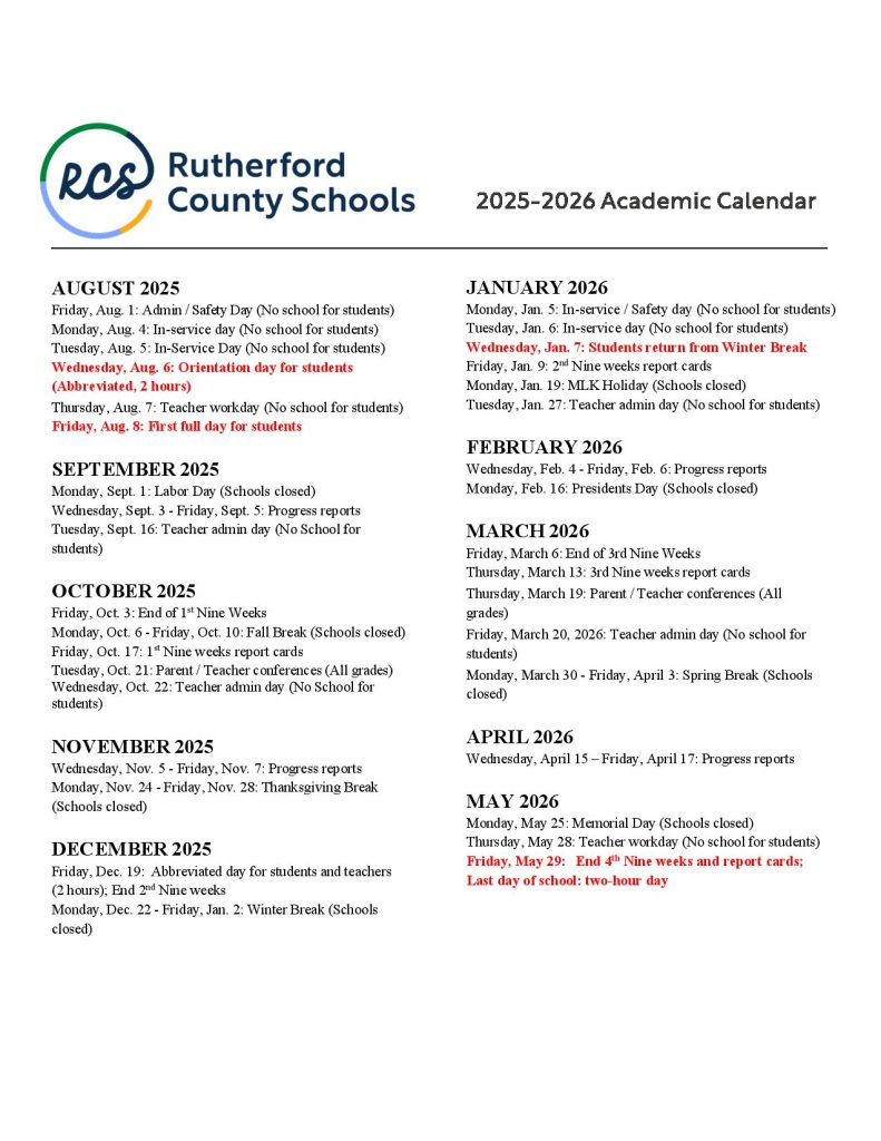 Rutherford County Schools Calendar 2025-2026