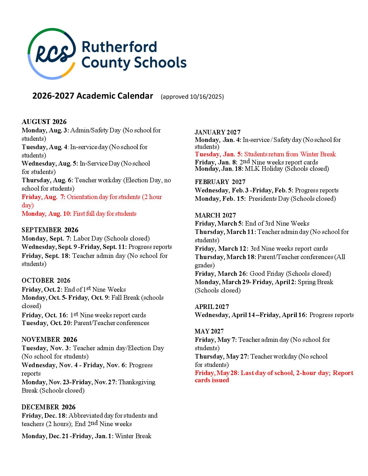 Rutherford County Schools Calendar 20262027 Holiday Break