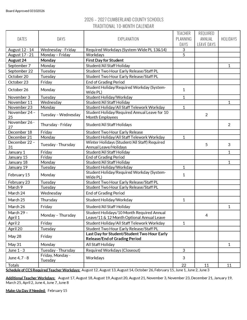 Cumberland County Schools Calendar 2026-2027