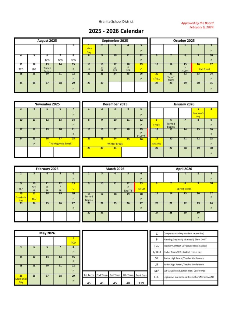 Granite School District Calendar 2025-2026