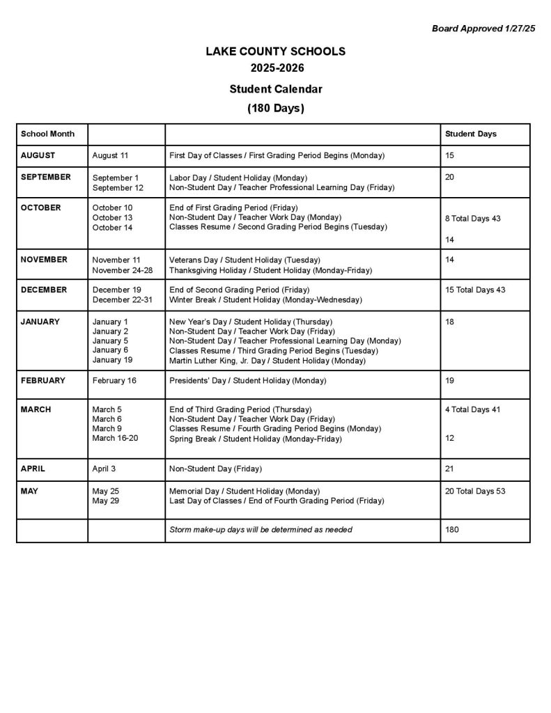 Lake County Schools Calendar 2025-2026