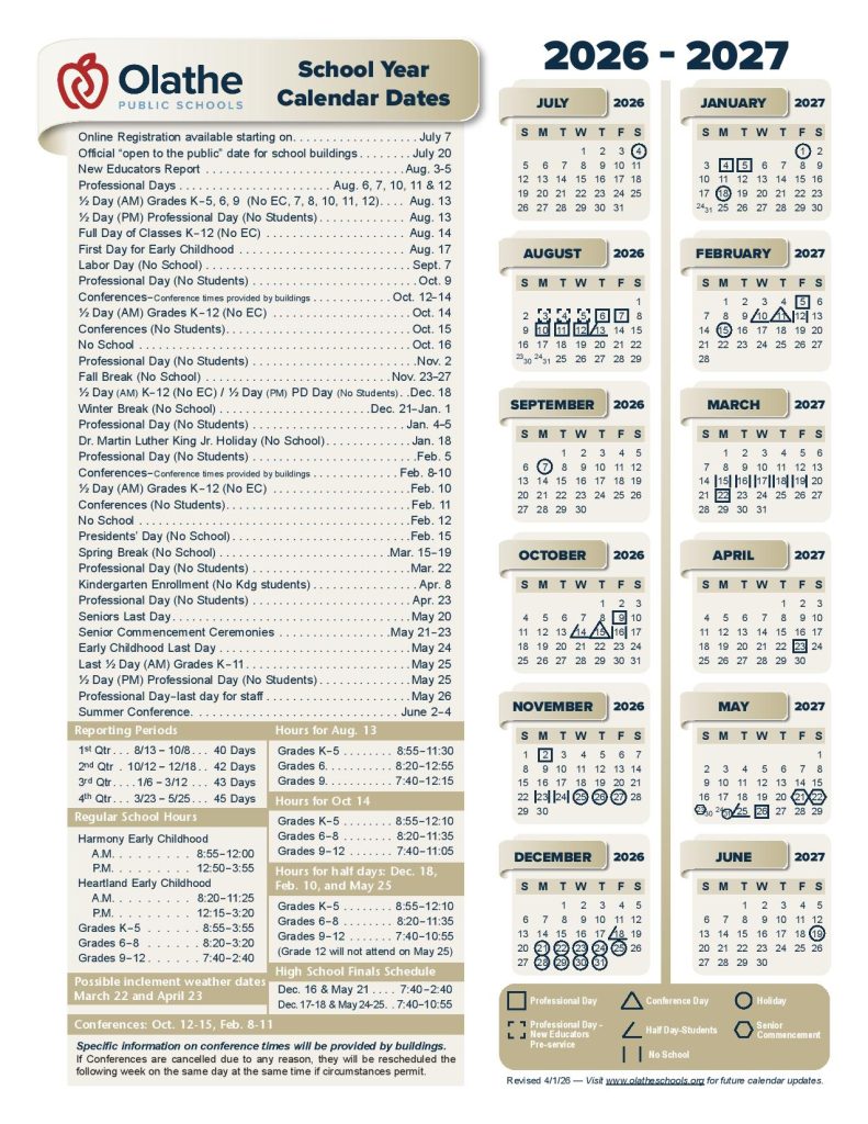 Olathe School District Calendar 2026-2027