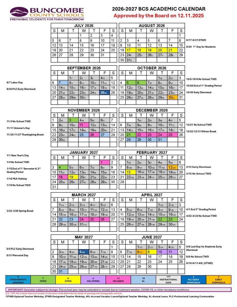 Buncombe County Schools Calendar 2026-2027
