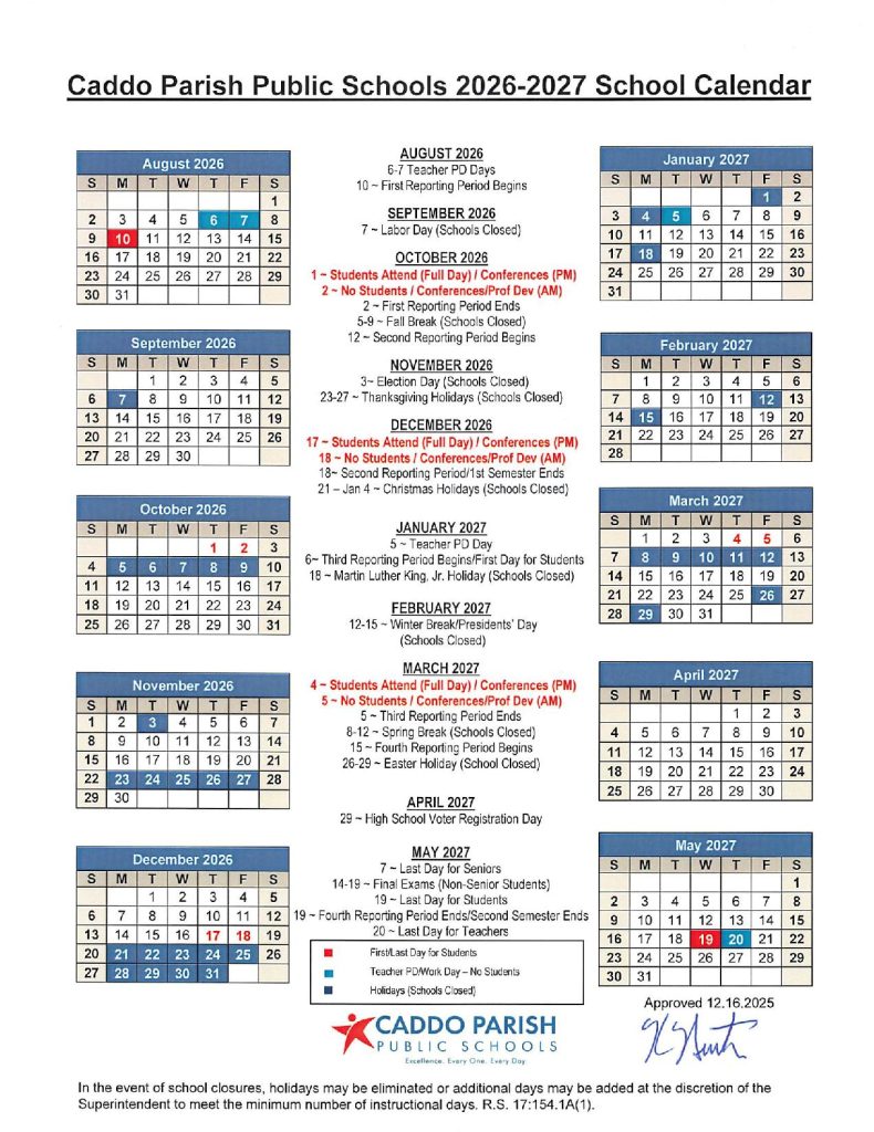 Caddo Public Schools Calendar 2026-2027