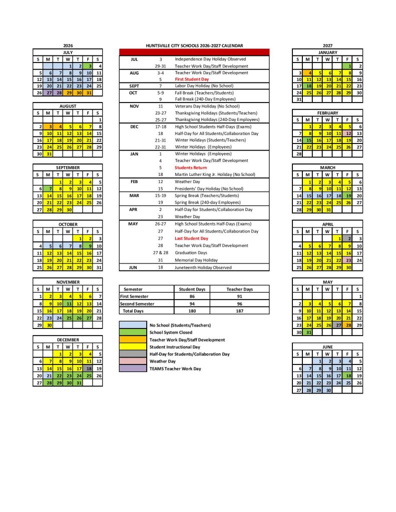 Huntsville City Schools Calendar 2026-2027