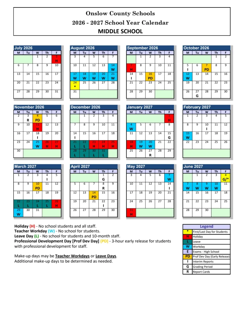 Onslow County Schools Calendar 2026-2027