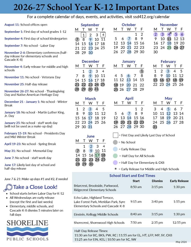 Shoreline School District Calendar 2026-2027