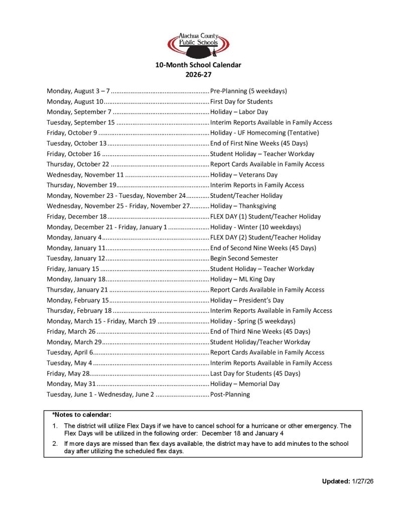 Alachua County Schools Calendar 2026-2027