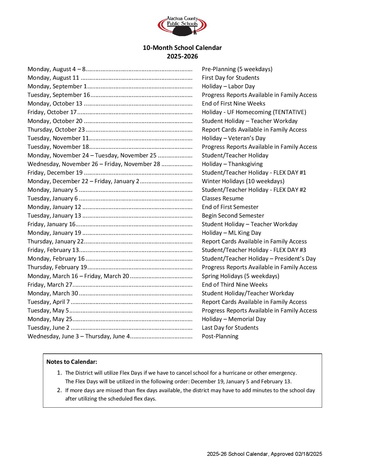 Alachua County Schools Calendar 2025-2026 | Holidays