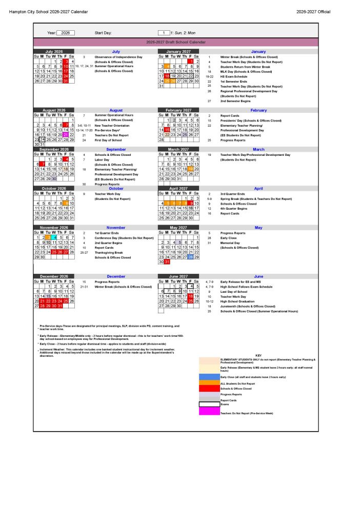 Hampton City Schools Calendar 2026-2027