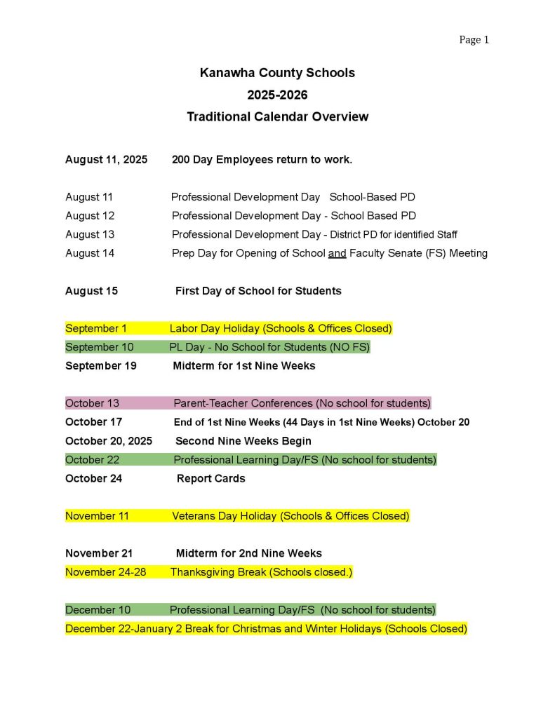 Kanawha County Schools Calendar 2025
