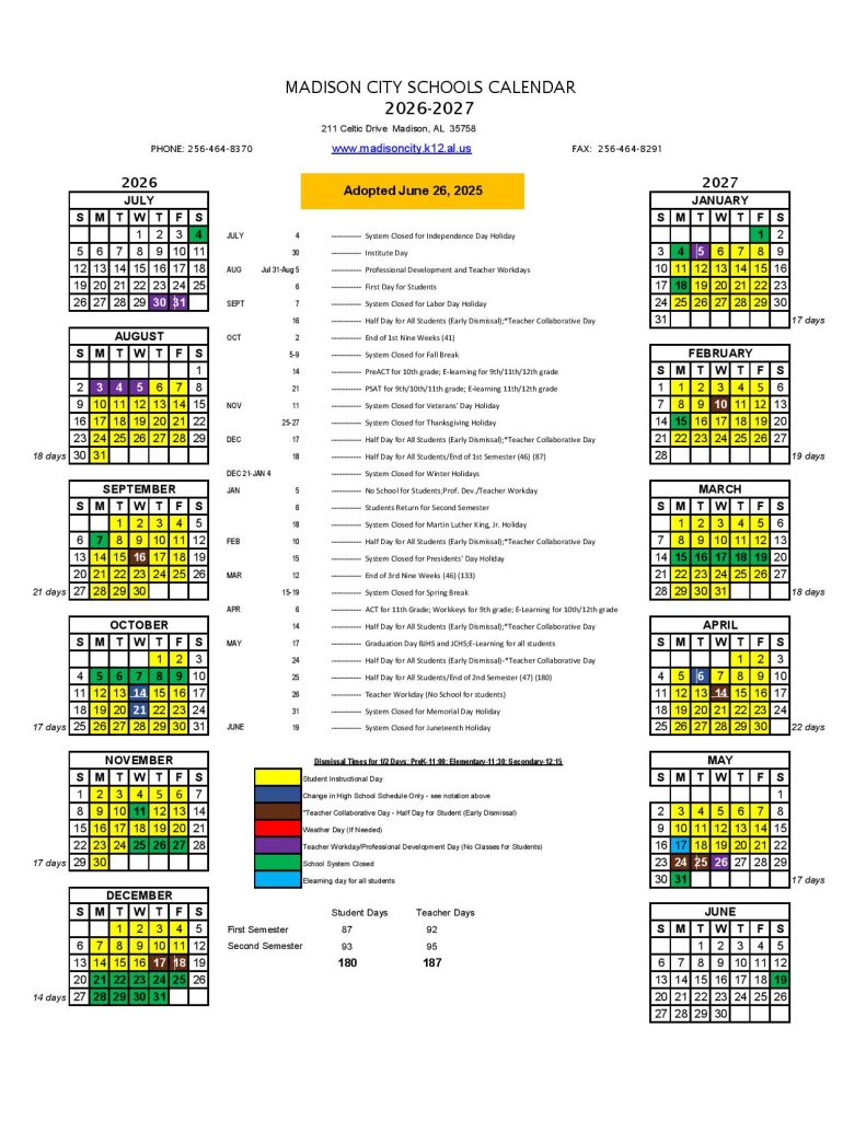 Madison City Schools Calendar 2026-2027