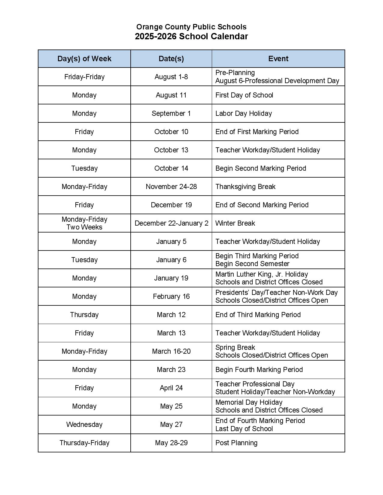 Orange County Public Schools Calendar 2025 2026
