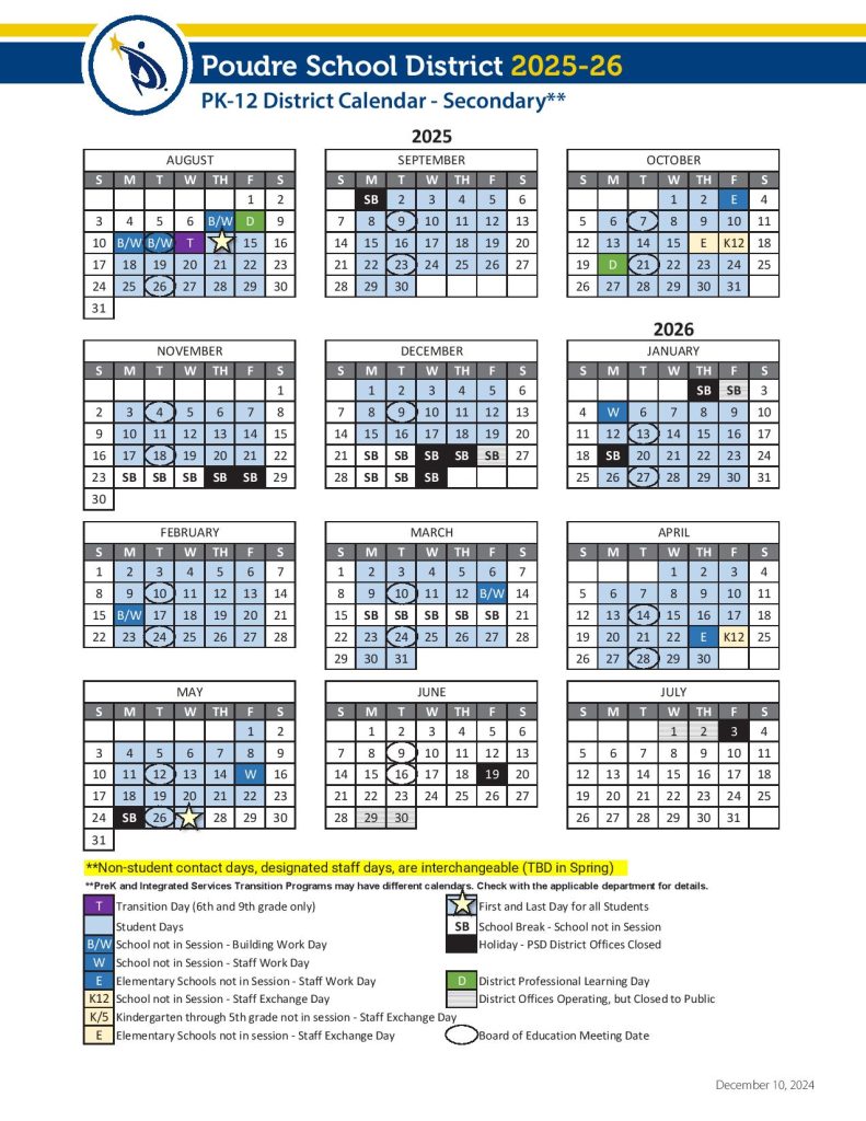 Poudre School District Calendar 2025-2026