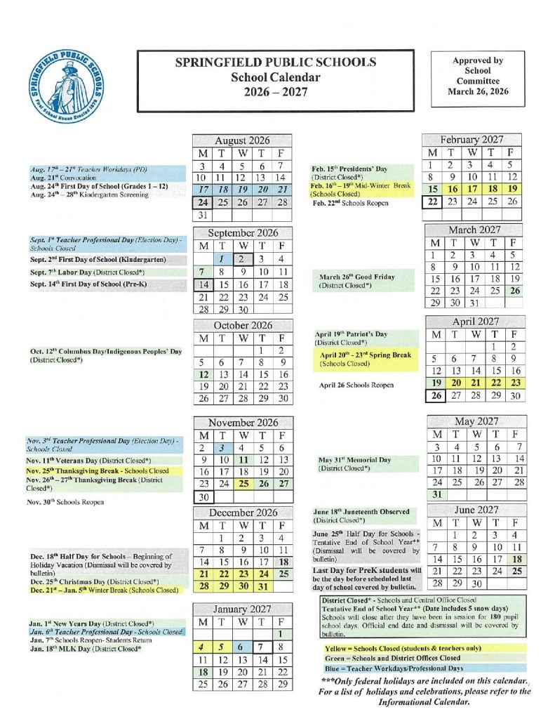 Springfield Public Schools Calendar 2026-2027