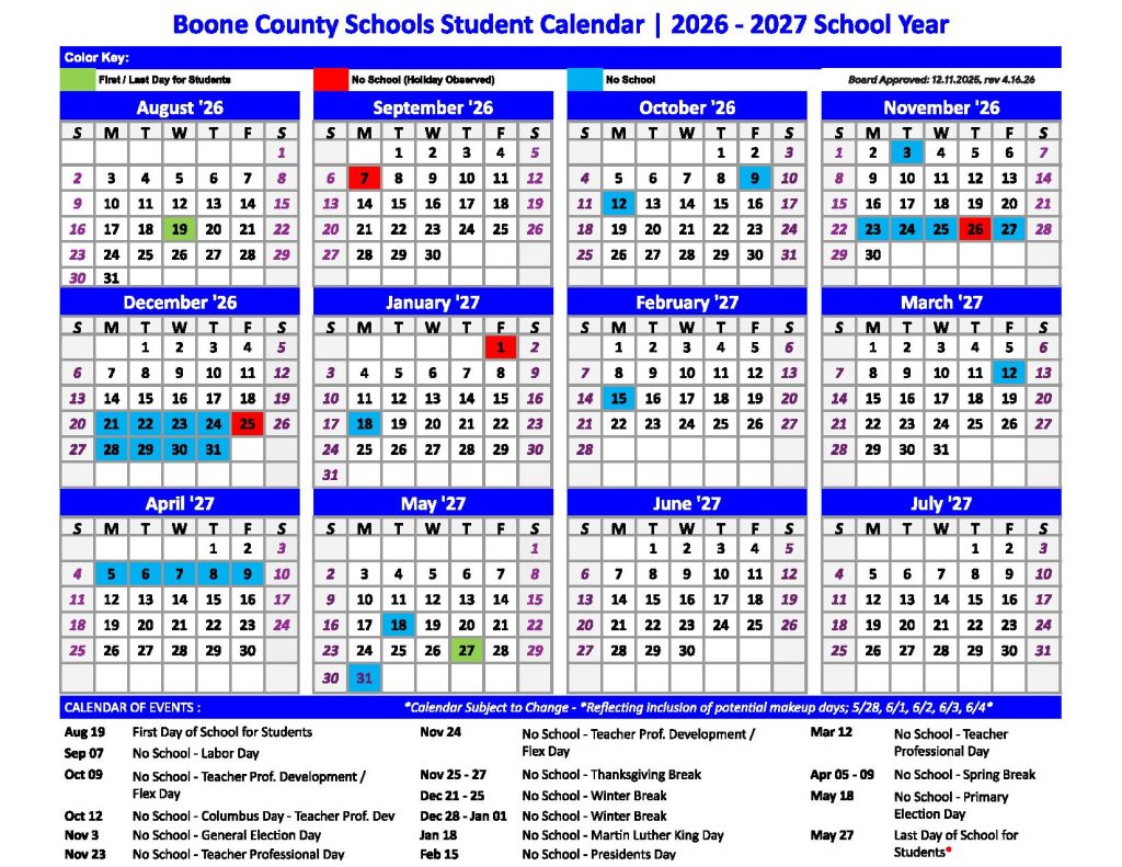 Boone County Schools Calendar 2026-2027