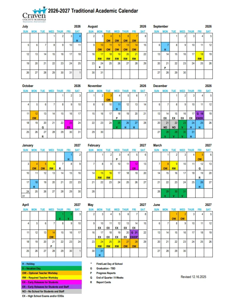 Craven County Schools Calendar 2026-2027