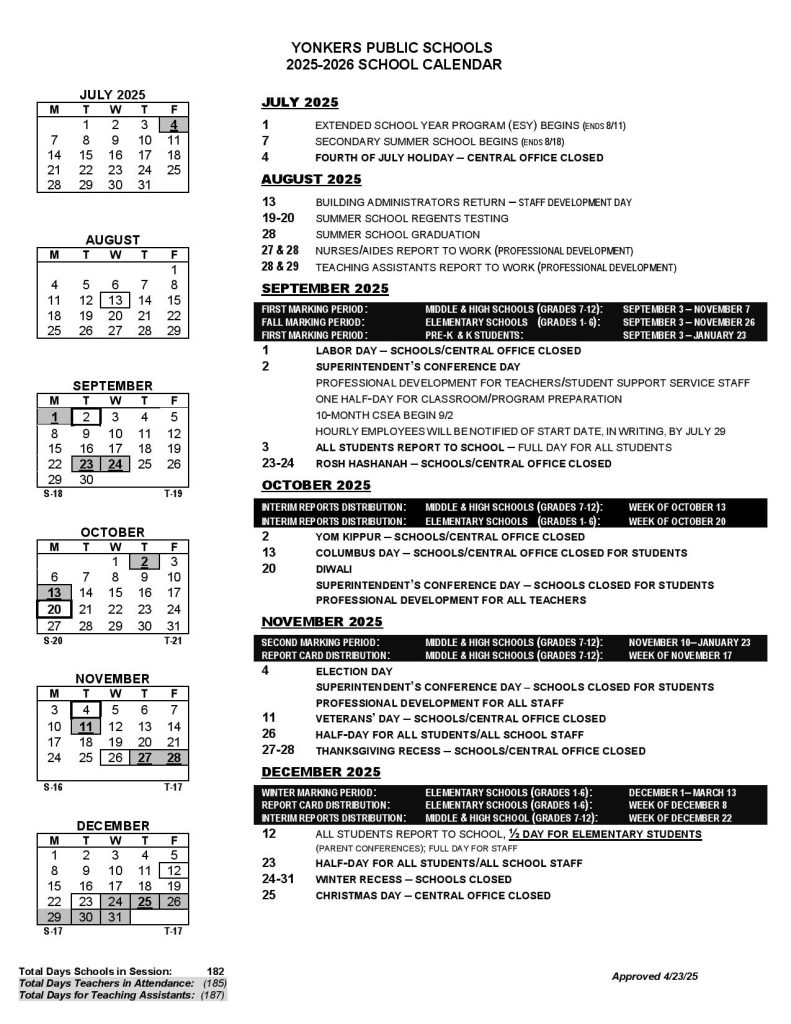 Yonkers Public Schools Calendar 2025