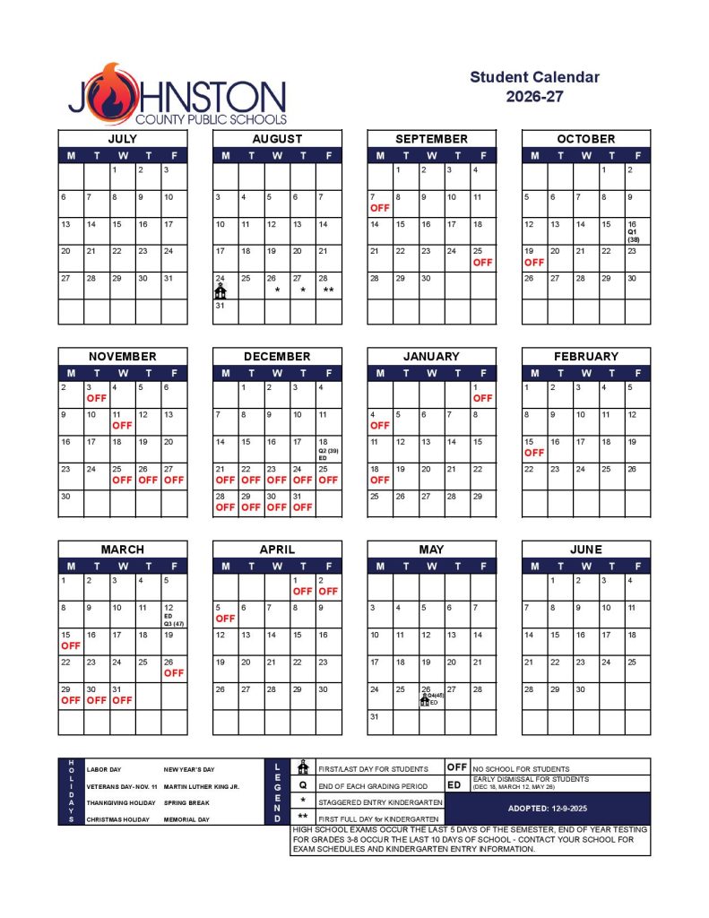 Johnston County School District Calendar 2026-2027