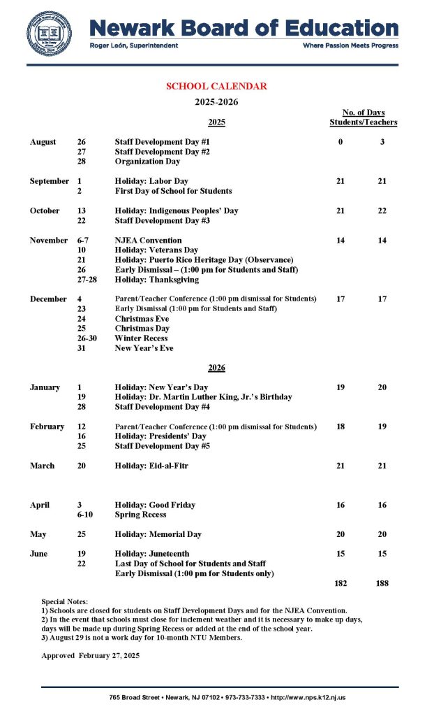 Newark Public Schools Calendar 2025-2026